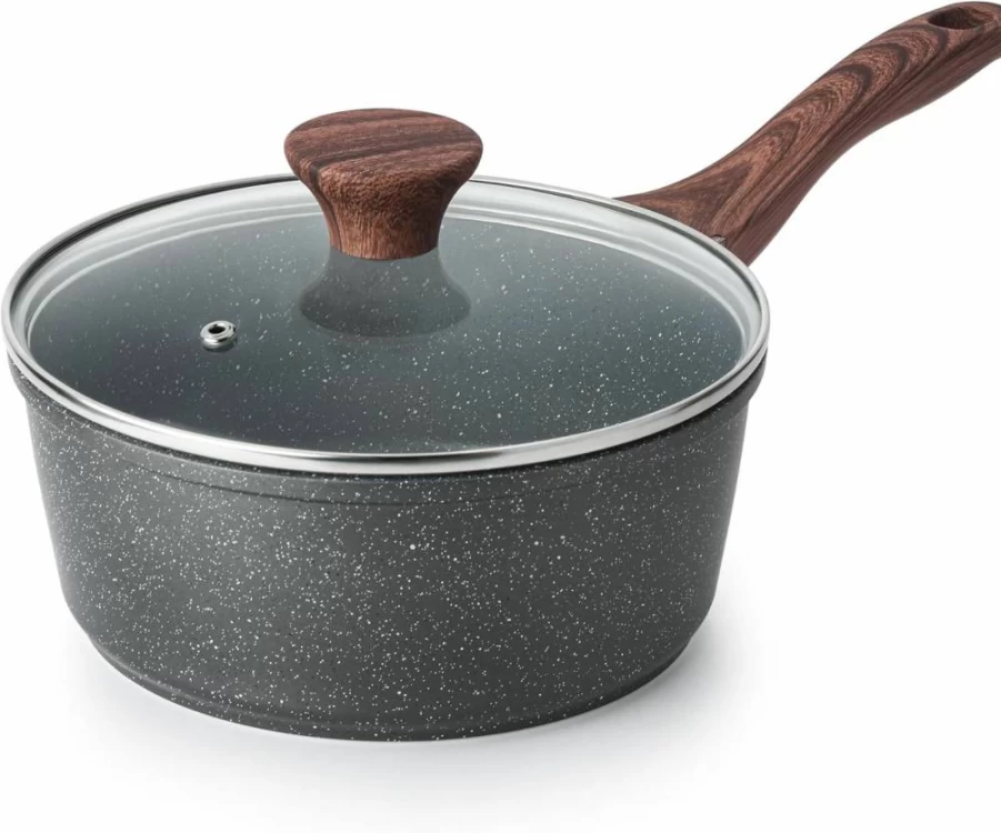 SENSARTE 1.5 Quart White Ceramic Nonstick Saucepan with Lid, PFOA-Free Induction Compatible Small Cooking Pot with Stay-Cool Handle, Granite Coating Saucepot