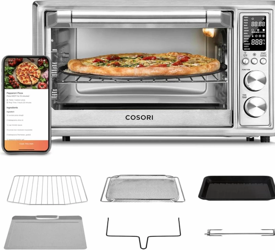 COSORI 13-in-1 Air Fryer Toaster Oven Combo with App & Voice Control, 32QT Countertop Convection Oven for Baking, Broiling, Roasting, Dehydrating & Sous Vide, Includes 134 Recipes & 4 Accessories, Black Stainless Steel
