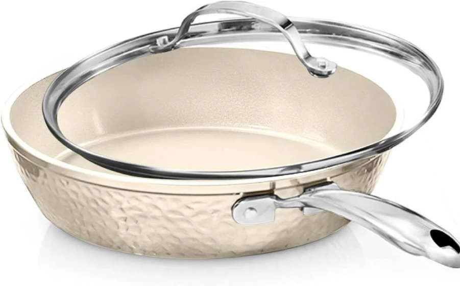 GOTHAM STEEL 14 Inch Nonstick Ceramic Frying Pan with Lid - Induction Compatible, Oven & Dishwasher Safe, PFOA-Free, Cream Hammered Finish