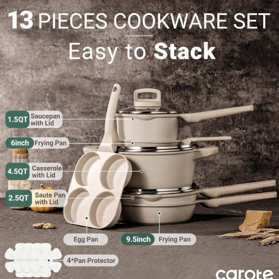 CAROTE 8-Piece Nonstick Cookware Set with Lids - Black Induction-Compatible Pots and Pans for Kitchen, Includes Frying Pan
