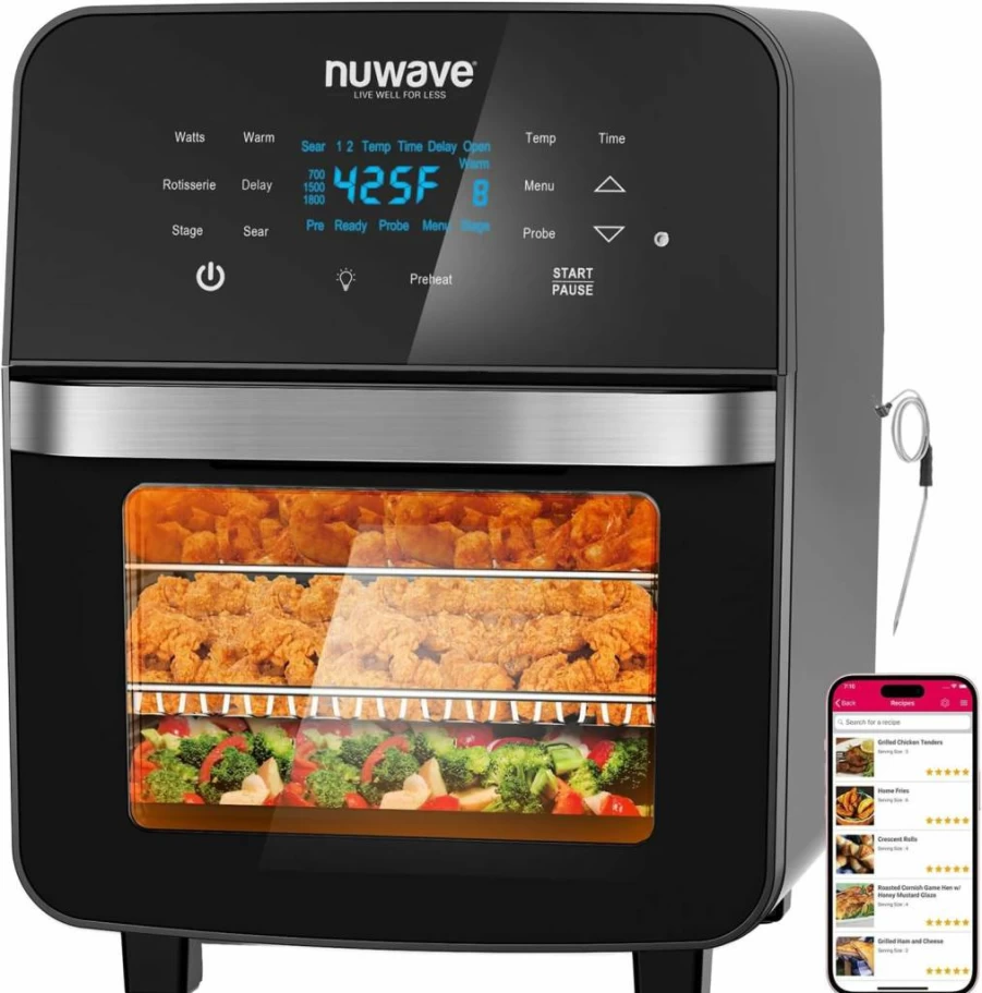 Nuwave Brio 15.5Qt XL Air Fryer Toaster Oven Combo - 10-in-1 Countertop Convection Oven with Rotisserie, Dehydrator, 1800W, 50-425°F, 100 Presets, Dishwasher Safe Basket, Family Size Air Fryer
