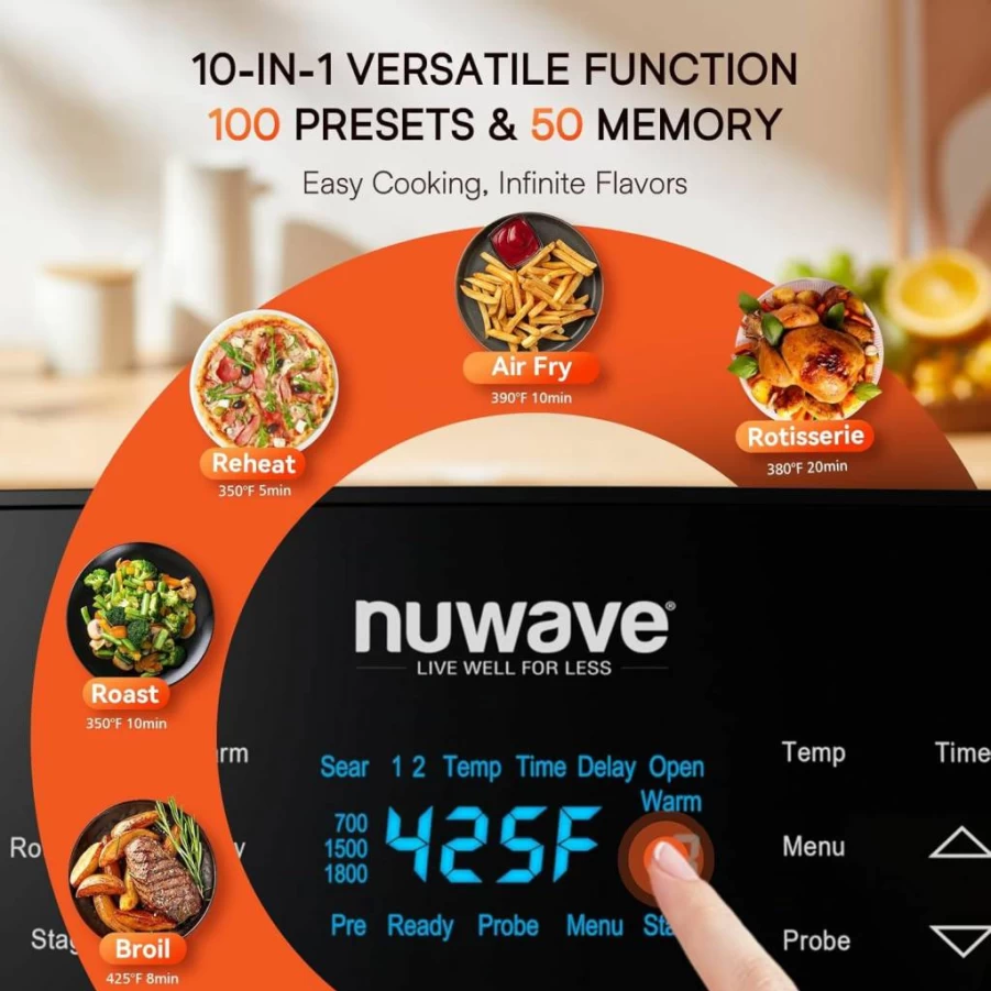 Nuwave Brio 15.5Qt XL Air Fryer Toaster Oven Combo - 10-in-1 Countertop Convection Oven with Rotisserie, Dehydrator, 1800W, 50-425°F, 100 Presets, Dishwasher Safe Basket, Family Size Air Fryer