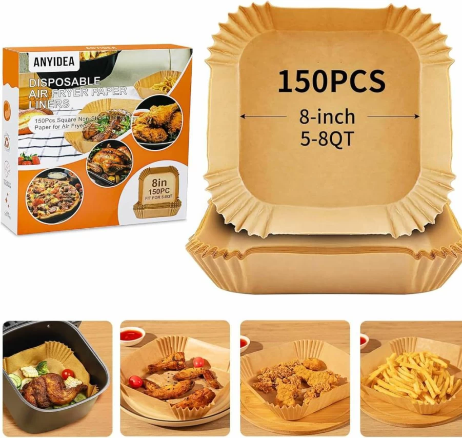 ANYIDEA 8 Inch Air Fryer Liners - 150 Pcs Nonstick Parchment Paper Sheets for 5-8Qt Air Fryer, Microwave Safe, Bleach-Free, Square Disposable Liners for Frying, Baking, Roasting