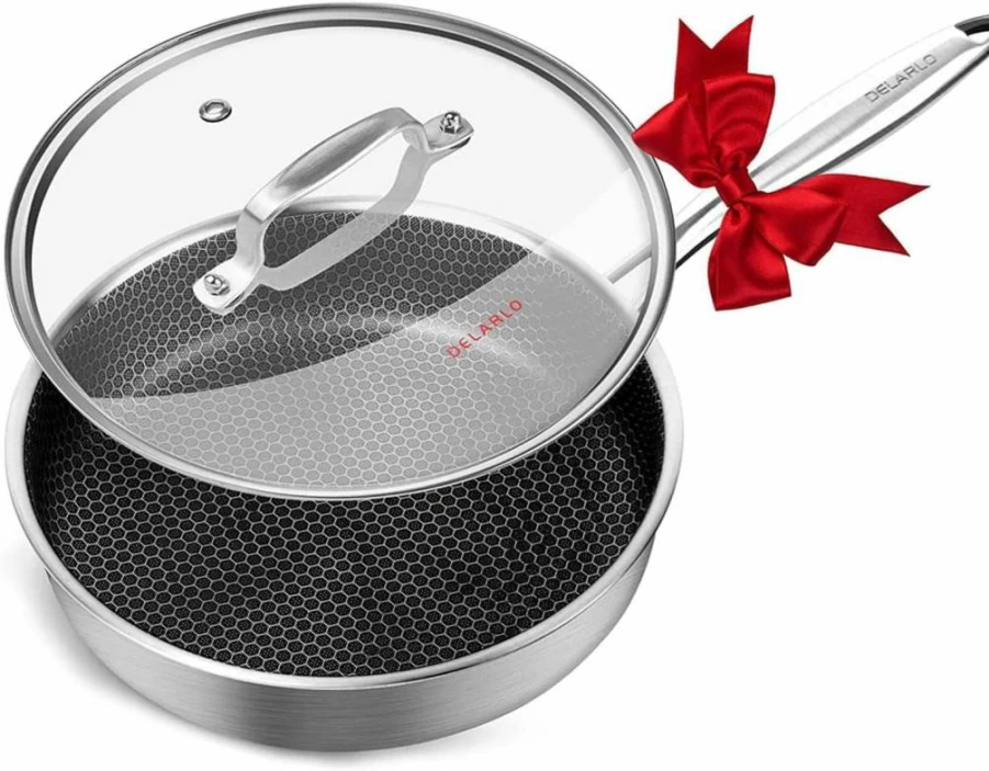DELARLO 6-Quart Tri-Ply Stainless Steel Saute Pan with Lid - Induction Compatible, Oven & Dishwasher Safe Deep Skillet for Frying, Cooking & Sautéing