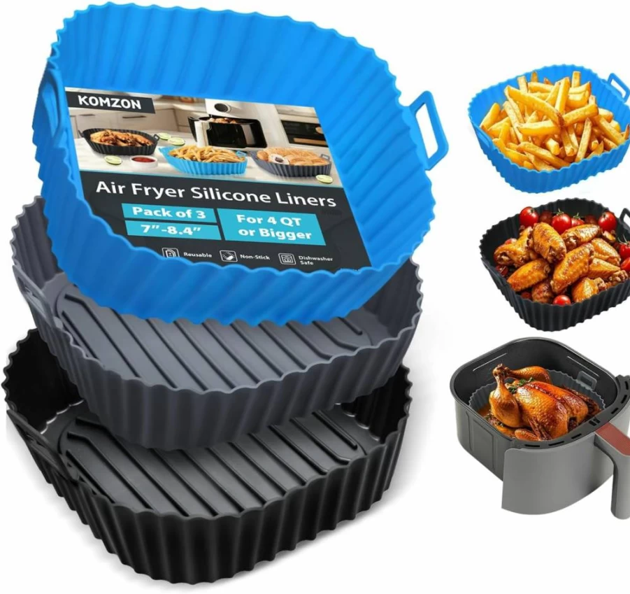 Komzon Reusable Silicone Air Fryer Liners, 3-Pack Square Non-Stick Basket Inserts, Food Grade & Heat Resistant for 4-7 QT Air Fryers, Ovens, Baking Pans - Dishwasher Safe Kitchen Accessories