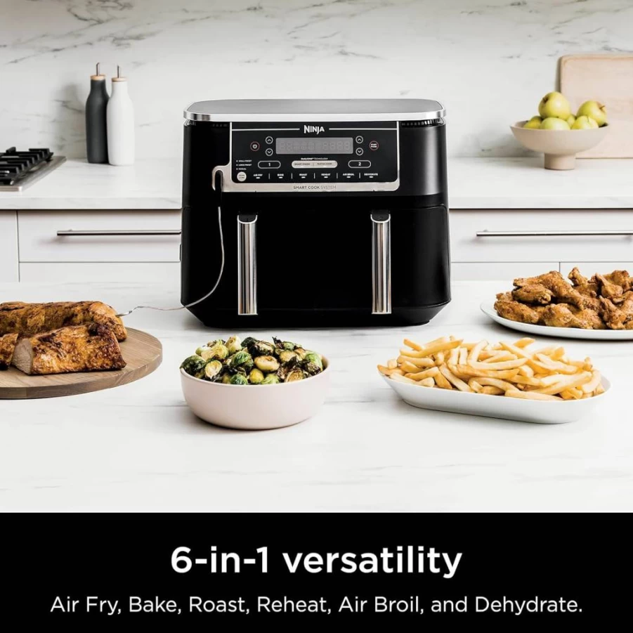 Amazon Renewed Ninja Foodi 10-Quart 6-in-1 DualZone XL Air Fryer, 2 Independent Baskets, Smart Cook Thermometer, Match Cook & Smart Finish, Roast, Dehydrate, Grey