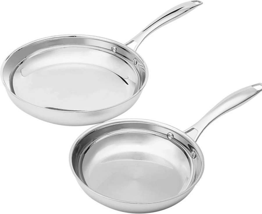 Amazon Basics 2-Piece Stainless Steel Frying Pan Set - 8 & 10 Inch, Induction Compatible, Oven Safe, Riveted Handles, Silver