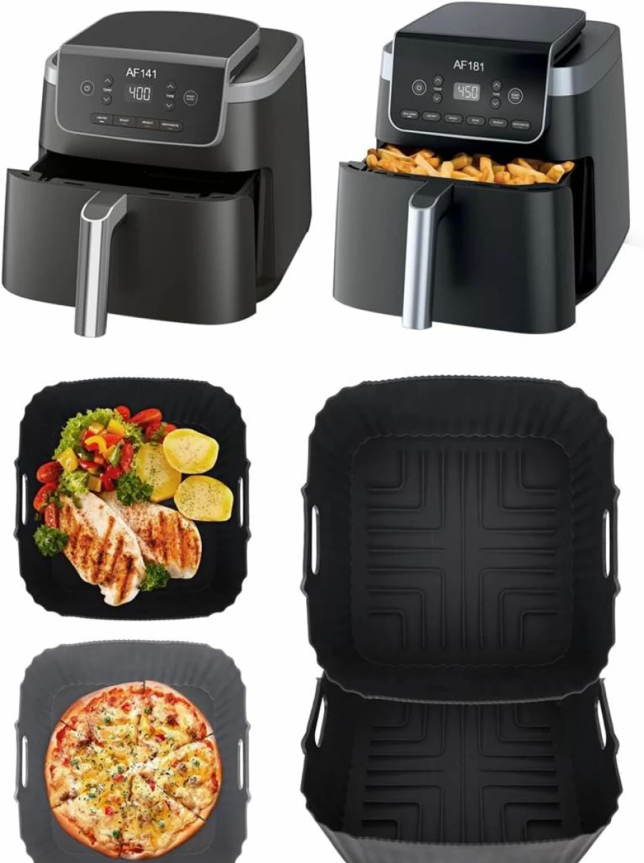 MMH Square Silicone Air Fryer Liners - Non-Stick, Reusable Baking Basket Insert for Ninja AF141/AF142 5Qt & AF181/AF182AMZ 6.5Qt - Easy Cleaning, Food Safe (Gray+Black)