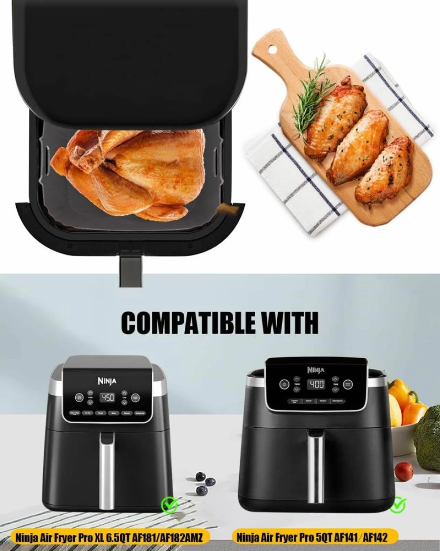 MMH Square Silicone Air Fryer Liners - Non-Stick, Reusable Baking Basket Insert for Ninja AF141/AF142 5Qt & AF181/AF182AMZ 6.5Qt - Easy Cleaning, Food Safe (Gray+Black)