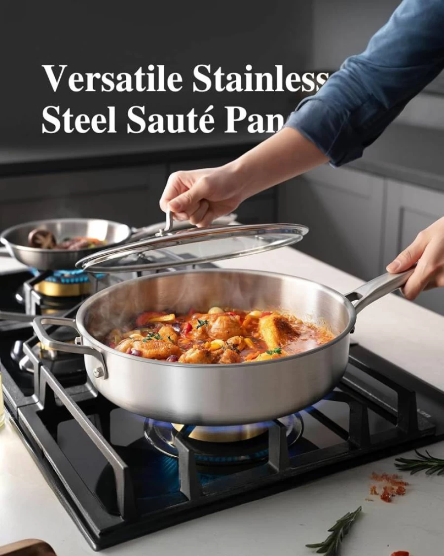VocVoi 12-Inch 6-Quart Stainless Steel Saute Pan with Lid - Oven & Dishwasher Safe, Compatible with All Cooktops Including Induction