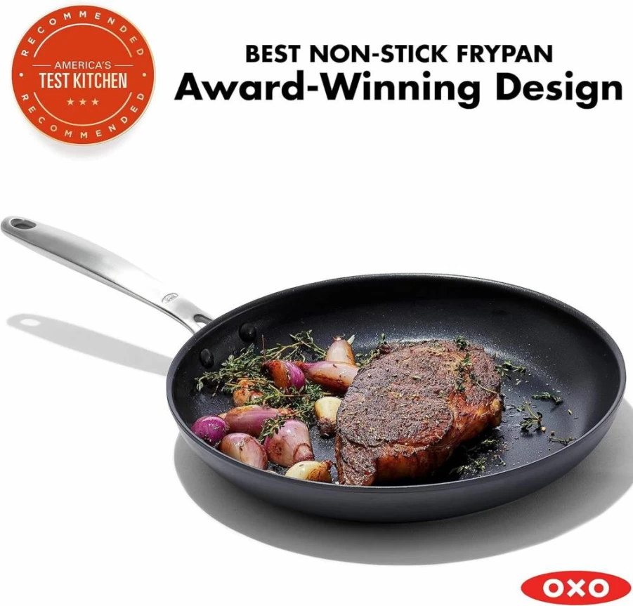 OXO 10-Inch Nonstick Frying Pan - PFAS-Free Ceramic Coating, Hard Anodized Aluminum, Stainless Steel Handle, Dishwasher & Oven Safe, Scratch Resistant, Ergonomic Grip, Black Skillet