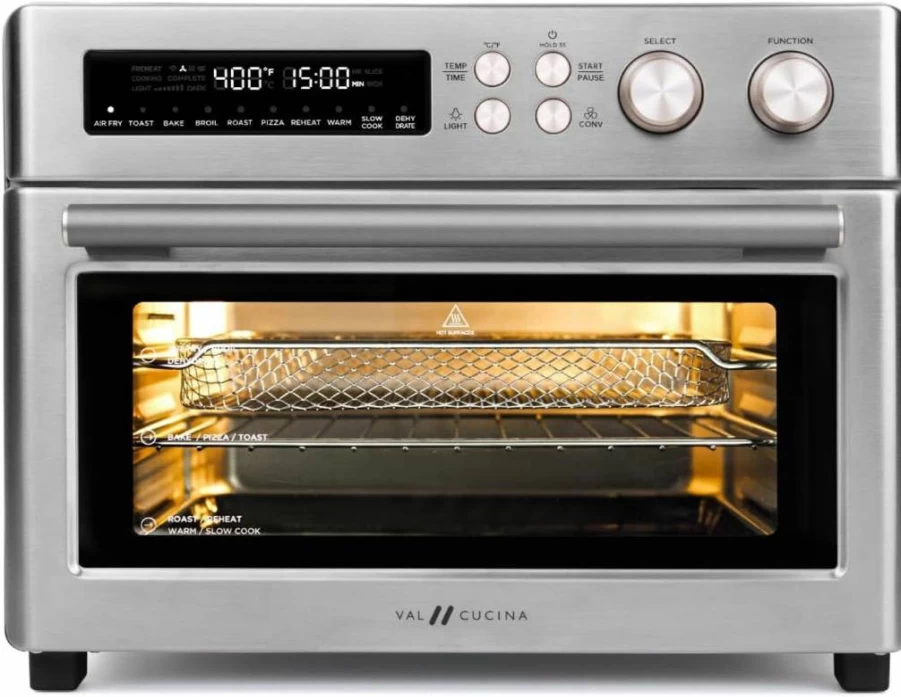 VAL CUCINA 10-in-1 Infrared Air Fryer Toaster Oven with Convection, Large 6-Slice Capacity, Easy-Clean Enamel Pan, Recipe Book & Stainless Steel Design