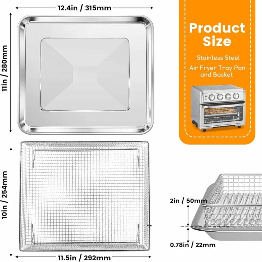 ZuKaYeHome 12.4 x 11 Inch Non-Stick Air Fryer Basket Replacement for Cuisinart TOA-60 TOA-65 TOA-70 Toaster Oven, Stainless Steel Dishwasher Safe Wire Rack Accessories