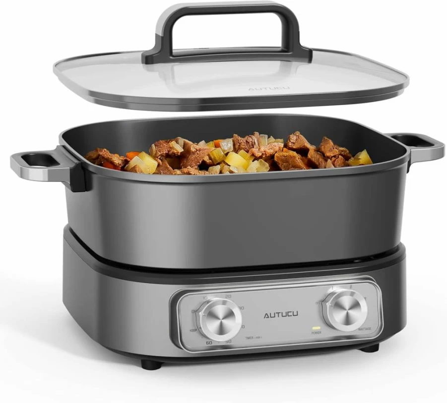 AUTUCU 6-Quart Electric Hot Pot Multi-Cooker with PFOA-Free Ceramic Coating, 3 Power Settings & Timer, 1600W Non-Stick Electric Skillet for Family Cooking