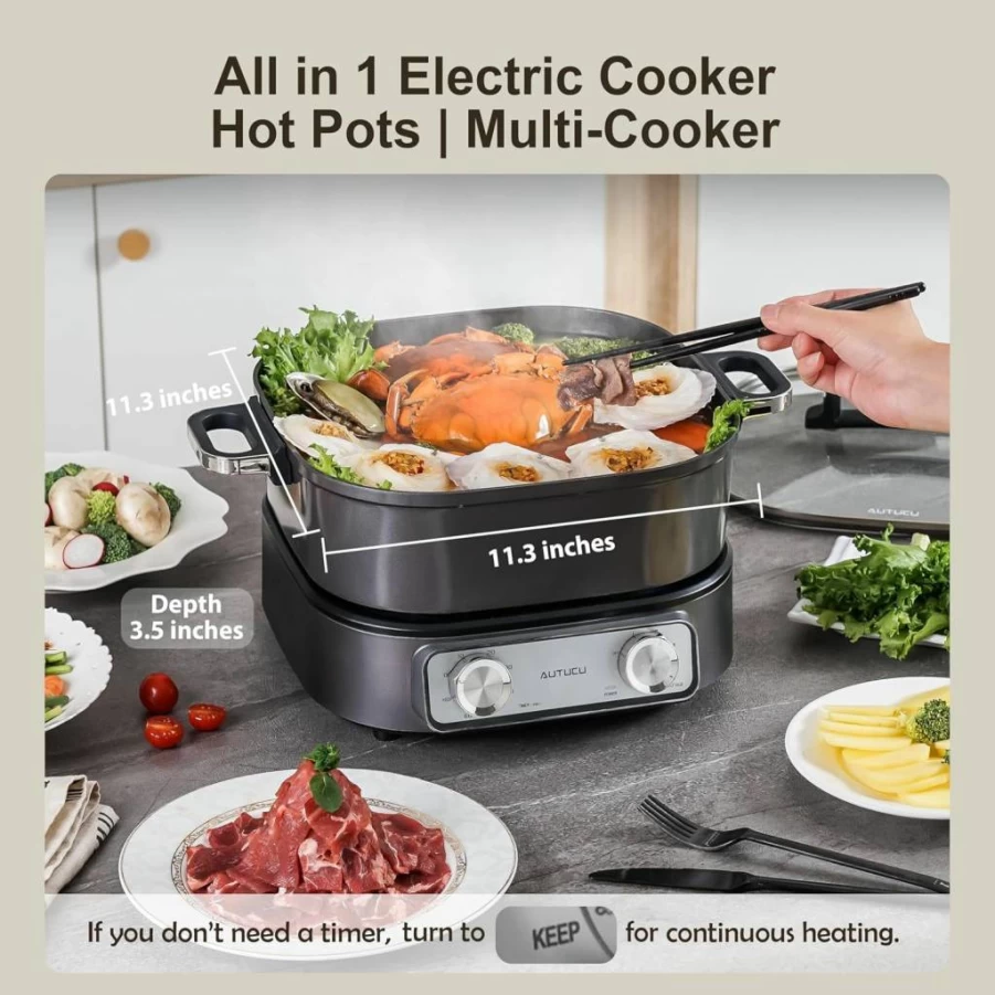 AUTUCU 6-Quart Electric Hot Pot Multi-Cooker with PFOA-Free Ceramic Coating, 3 Power Settings & Timer, 1600W Non-Stick Electric Skillet for Family Cooking