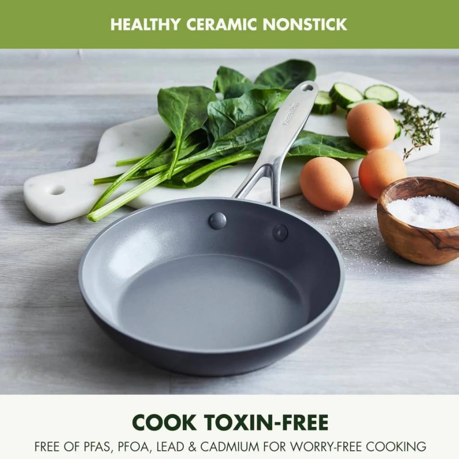 GreenPan Valencia Pro 8" Non-Toxic Ceramic Nonstick Skillet - PFOA & PFAS-Free, Induction Compatible, Oven & Dishwasher Safe, Easy Clean Gray Hard Anodized Pan