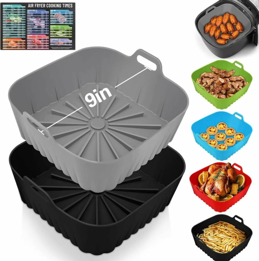 ZXZMZT 9-Inch Square Silicone Air Fryer Liners (2-Pack) - Reusable, Non-Stick, Fits 6-9 QT Air Fryers & Microwaves - Grey & Black