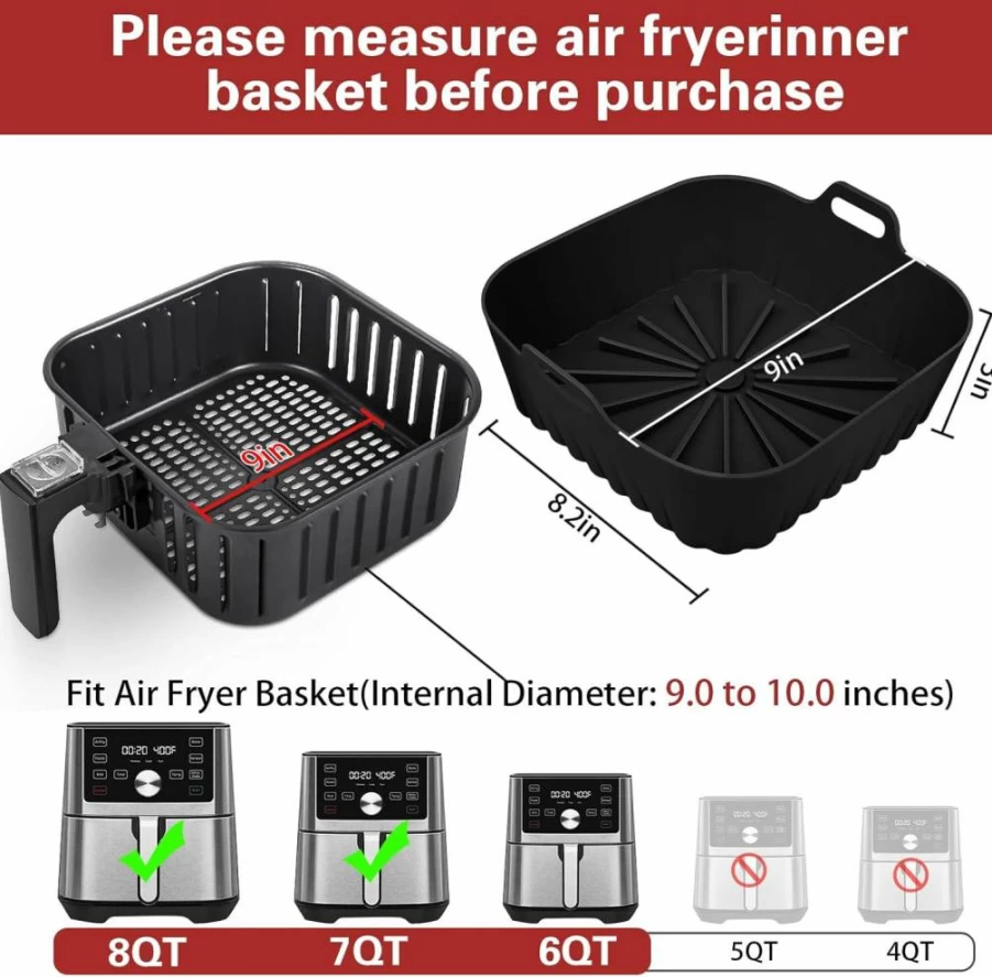 ZXZMZT 9-Inch Square Silicone Air Fryer Liners (2-Pack) - Reusable, Non-Stick, Fits 6-9 QT Air Fryers & Microwaves - Grey & Black