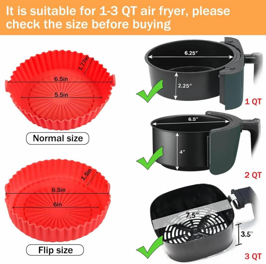 2 Pack J.Y.Memorize Air Fryer Silicone Liners - Reusable Non-Stick Basket Covers for 1-3.5 Qt Air Fryers, Oven Safe Baking Mats, Round Pot Bowl Accessories (6.5In Top/5.5In Bottom)