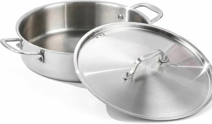 DELARLO 12-Inch Tri-Ply Stainless Steel Braiser Pan with Lid - 5 Quart Induction Compatible Rondeau Pot, Deep Saute Pan for All Cooktops, Oven Safe to 650°F