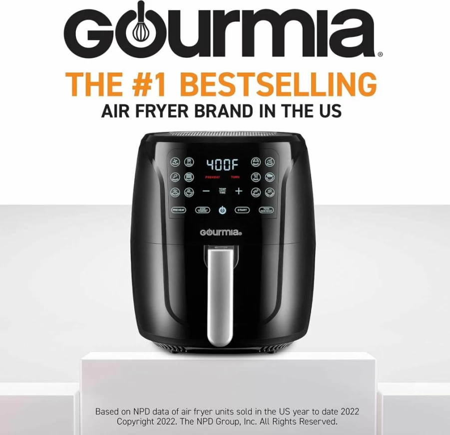Gourmia GAF686 6QT XL Air Fryer Oven with Digital Display, 12 One-Touch Presets, 1500W Fry Force Technology, Black & Stainless Steel, Multi-Cooker for Healthy Frying, Baking & Roasting