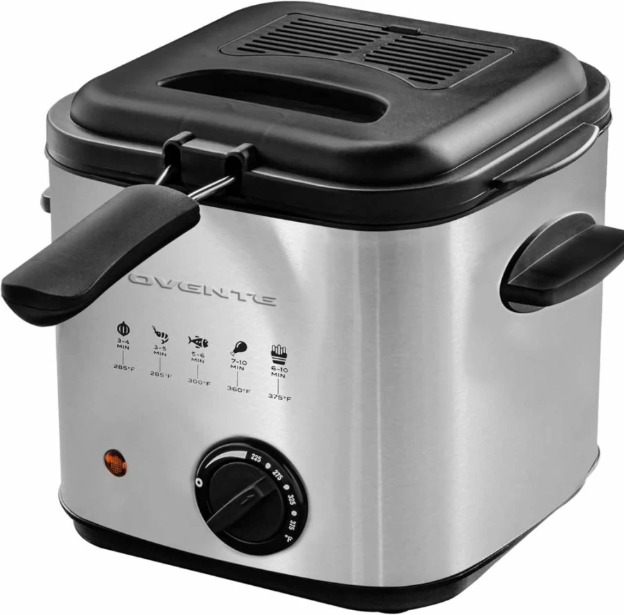 OVENTE 1500W Stainless Steel Electric Deep Fryer with Adjustable Temp, 2L Capacity, Viewing Window, Odor Filter & Removable Basket, Easy Clean Design (FDM2201BR, Silver)