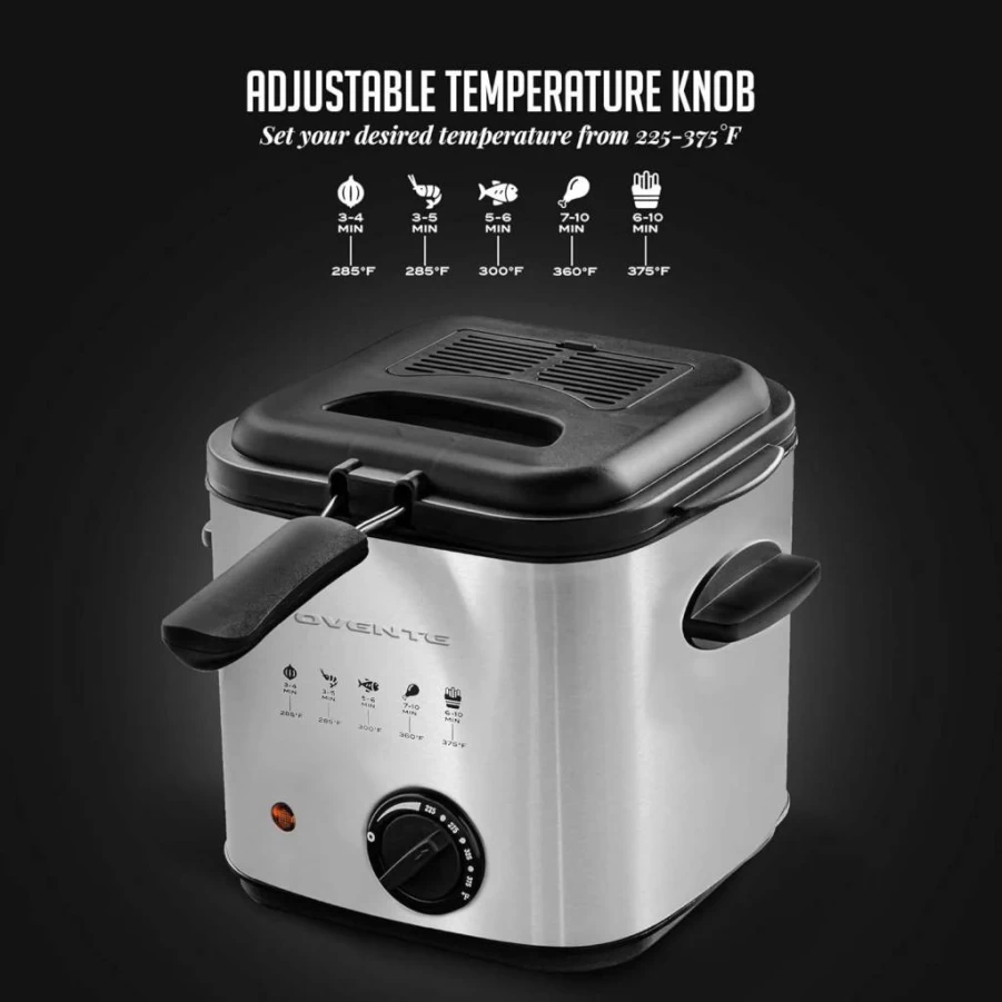 OVENTE 1500W Stainless Steel Electric Deep Fryer with Adjustable Temp, 2L Capacity, Viewing Window, Odor Filter & Removable Basket, Easy Clean Design (FDM2201BR, Silver)