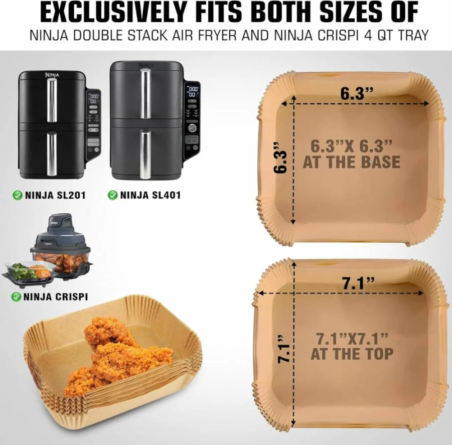 FryEasy Disposable Air Fryer Liners 50Pcs - Compatible with Ninja DoubleStack SL201 8QT, SL401 10QT, SL451 & Crispi 4QT, Non-Stick Paper Sheets for Easy Cleanup