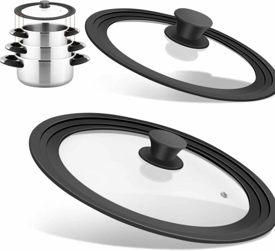 YOMUME Universal Pot Lids 2 Pack - Tempered Glass Cookware Lids with Silicone Edging, Fits 7-12 Inch Pans & Skillets, Heat Resistant Stove Lid for Frying Pans