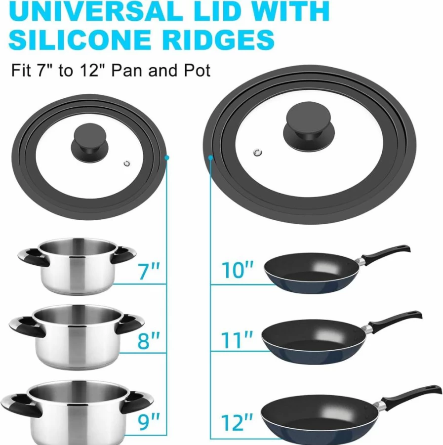 YOMUME Universal Pot Lids 2 Pack - Tempered Glass Cookware Lids with Silicone Edging, Fits 7-12 Inch Pans & Skillets, Heat Resistant Stove Lid for Frying Pans