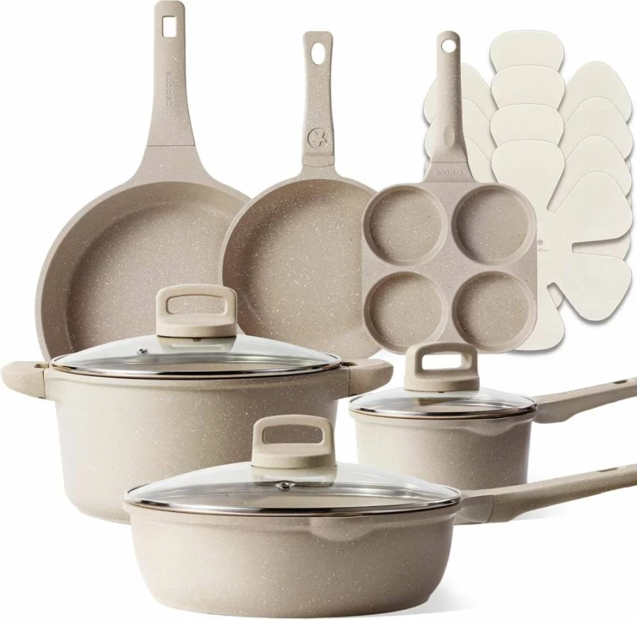CAROTE 13-Piece Nonstick Cookware Set with Lids, Taupe Induction-Compatible Pots and Pans, Kitchen Essentials for Frying & Cooking