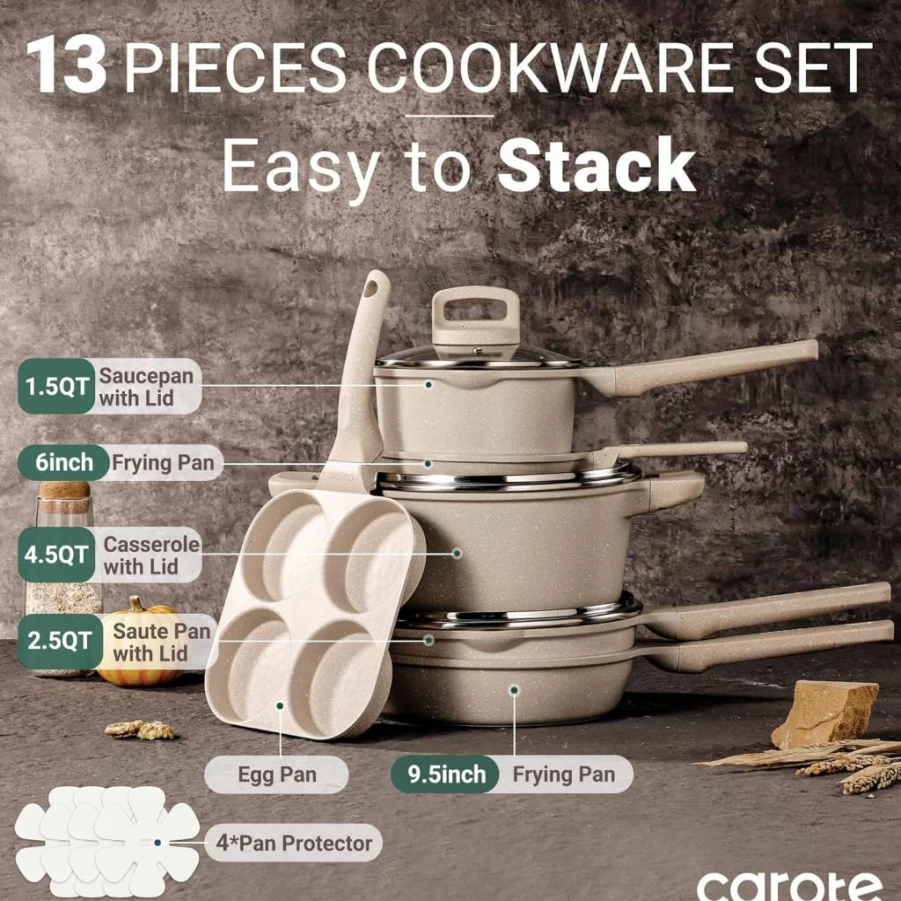 CAROTE 13-Piece Nonstick Cookware Set with Lids, Taupe Induction-Compatible Pots and Pans, Kitchen Essentials for Frying & Cooking
