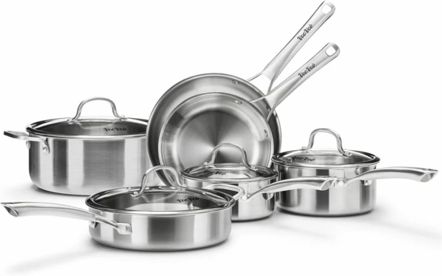 VocVoi 10-Piece Stainless Steel Cookware Set, Tri-Ply Induction Compatible Pots and Pans Set, PFOA-Free Kitchenware with Frying Pans, Saucepans & Stock Pot for All Cooktops