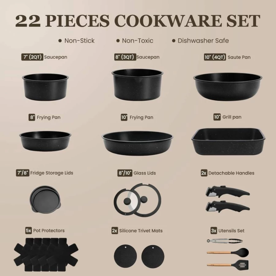 Kikcoin 24-Piece Nonstick Cookware Set with Detachable Handles, Induction-Compatible Pots and Pans, Oven & Dishwasher Safe, PFOA-Free RV Kitchen Collection
