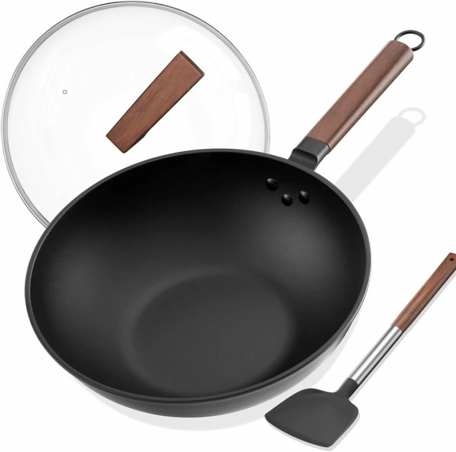 Todlabe 13-Inch Pre-Seasoned Carbon Steel Wok Pan with Lid & Spatula, Flat Bottom Non-Stick Stir Fry Skillet for Gas, Electric & Induction Stovetops