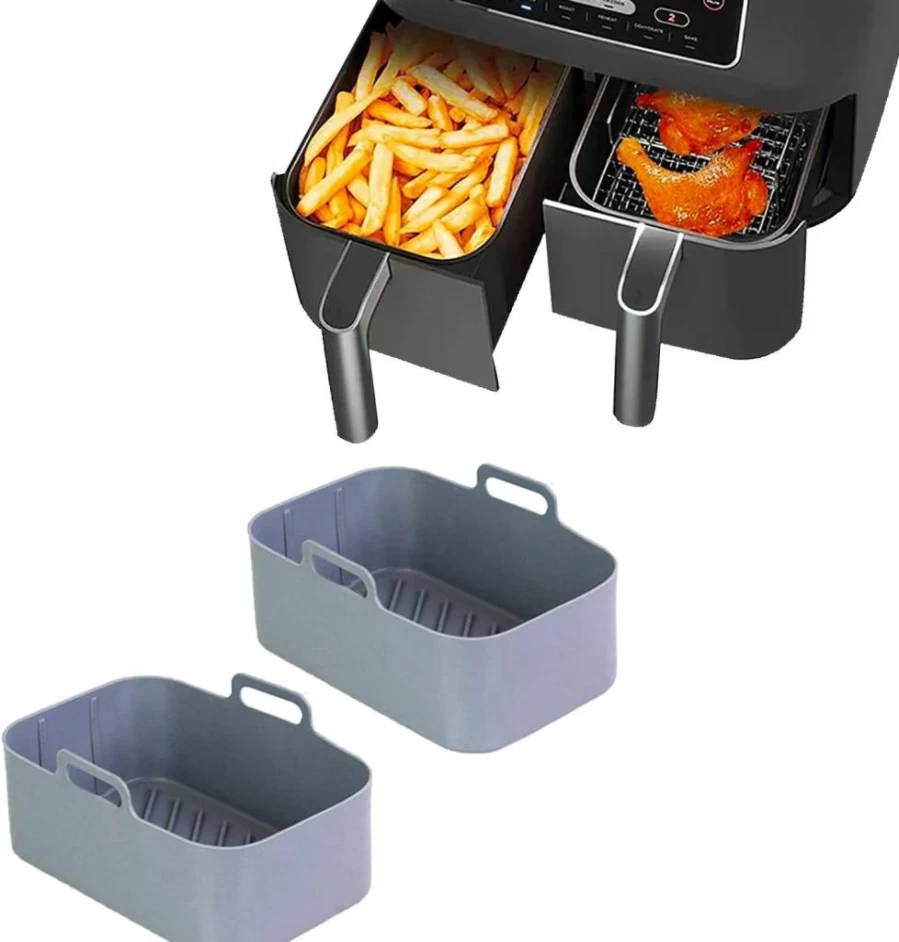 2Pcs POPQEEN Air Fryer Silicone Liners for Ninja Foodi Dual DZ201, 8Qt Rectangle Basket, Reusable Non-Stick Cooking Pot, Black Air Fryer Accessories