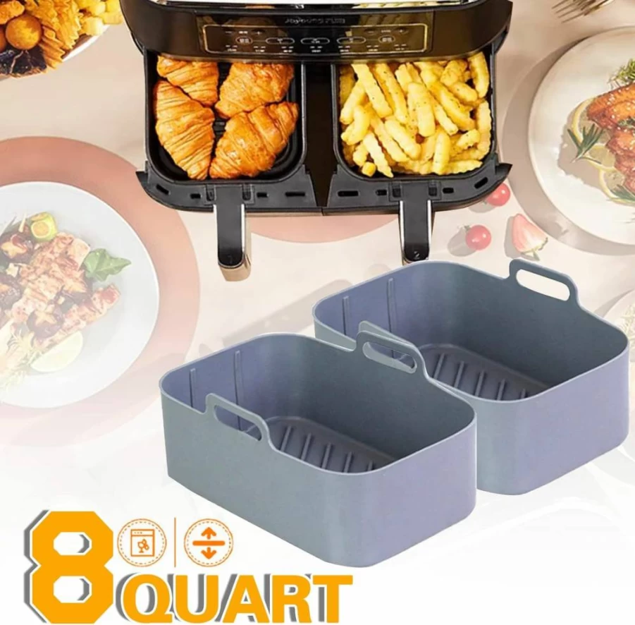 2Pcs POPQEEN Air Fryer Silicone Liners for Ninja Foodi Dual DZ201, 8Qt Rectangle Basket, Reusable Non-Stick Cooking Pot, Black Air Fryer Accessories