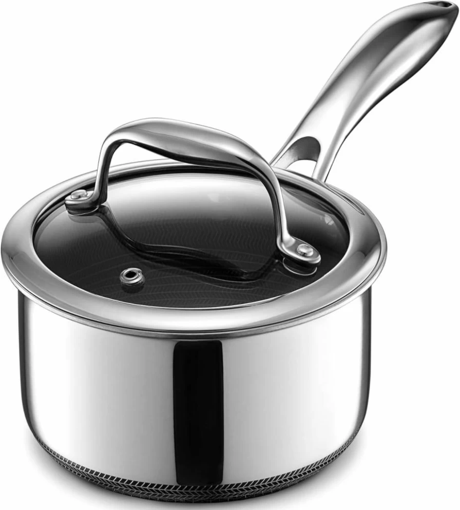 HexClad Hybrid Nonstick 1-Quart Saucepan with Glass Lid, Stay-Cool Handle, Dishwasher & Oven Safe (900°F), Induction Compatible for All Cooktops