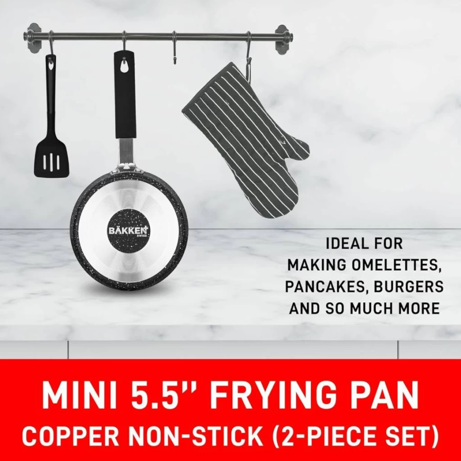 Bakken-Swiss 2-Piece Nonstick Mini Egg Pan Set - 5.5 Inch Marble Coated Omelet & Pancake Skillet, Eco-Friendly & PFOA-Free, Compatible with All Stovetops Including Induction