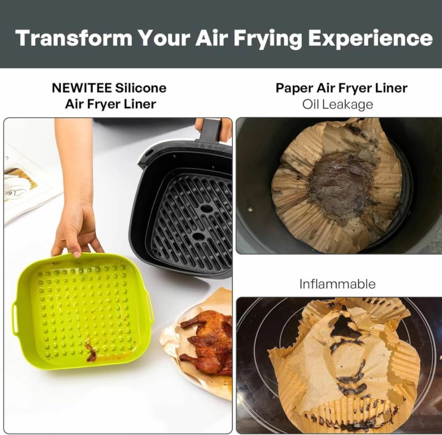 NEWITEE 2-Pack Square Air Fryer Basket Liners, BPA-Free Platinum Silicone, Reusable for Ninja AF141/AF181 & Cosori 5 Qt Models, Non-Stick Accessories Replacement