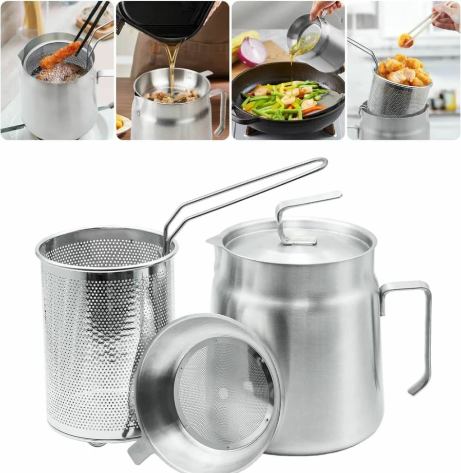 AVOWB.T.Q 304 Stainless Steel Grease Keeper with Strainer - 68Oz Bacon Fat Container, Multi-Use Cooking Oil Filter Pot for Kitchen & Camping, Dishwasher Safe Oil Saver