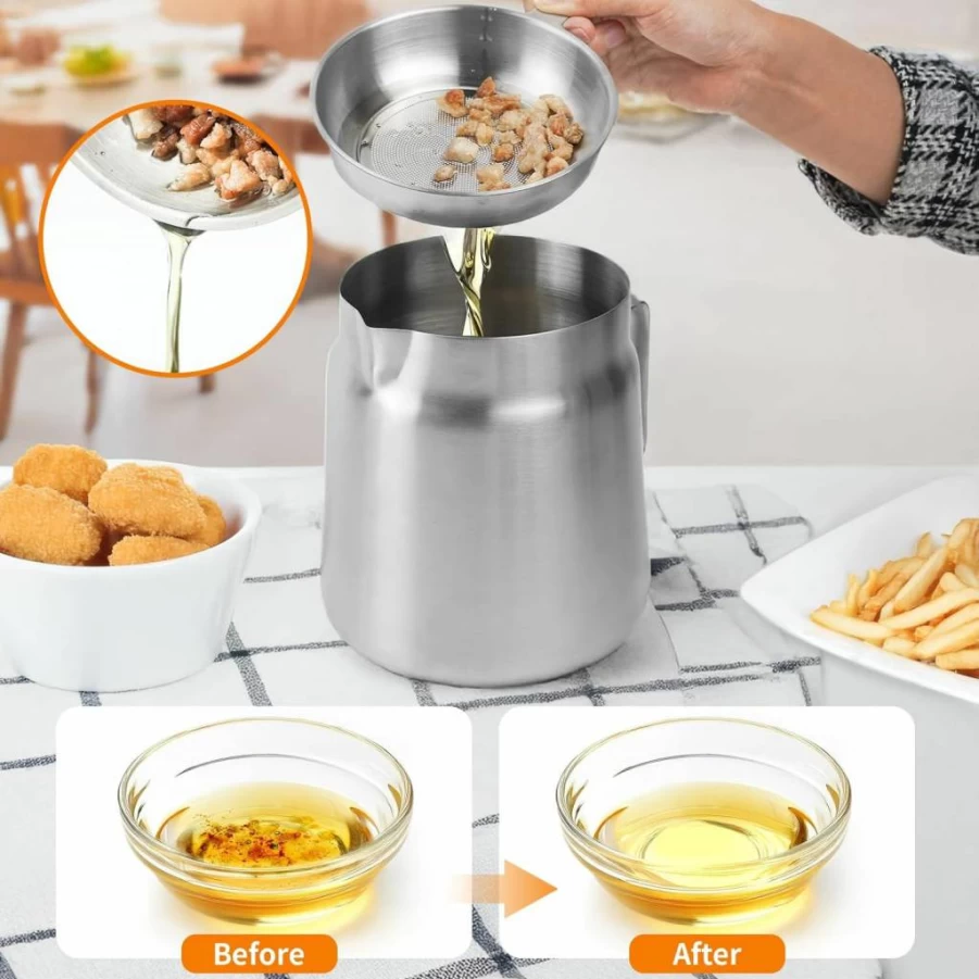 AVOWB.T.Q 304 Stainless Steel Grease Keeper with Strainer - 68Oz Bacon Fat Container, Multi-Use Cooking Oil Filter Pot for Kitchen & Camping, Dishwasher Safe Oil Saver