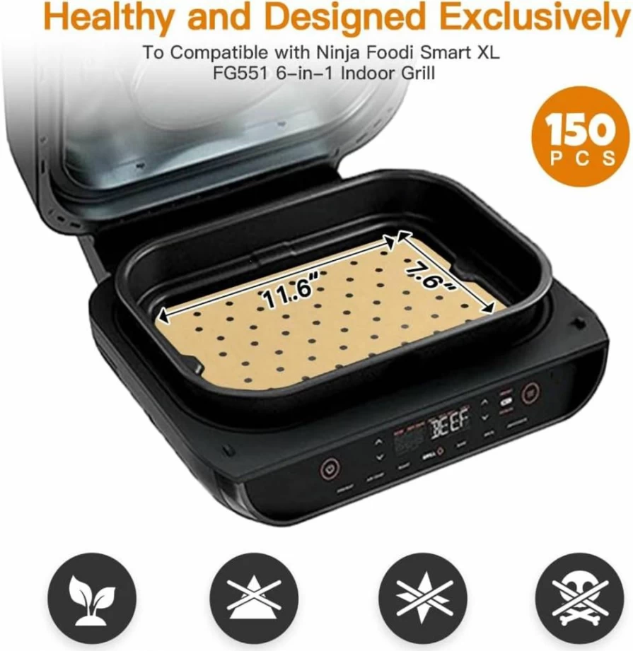 DNSSY 150Pcs Air Fryer Liners Disposable Parchment Paper Sheets for Ninja Foodi Smart XL FG551, 6-in-1 Indoor Grill Accessories, Perforated Rectangle Air Fryer Basket Liners
