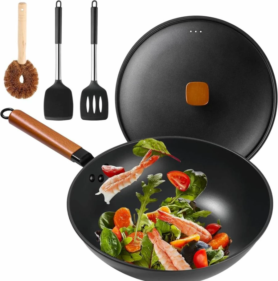 Bretor 13" Nonstick Carbon Steel Wok Pan with Lid - Flat Bottom Stir Fry Pan for Electric, Induction & Gas Stoves - Durable Chinese Cookware