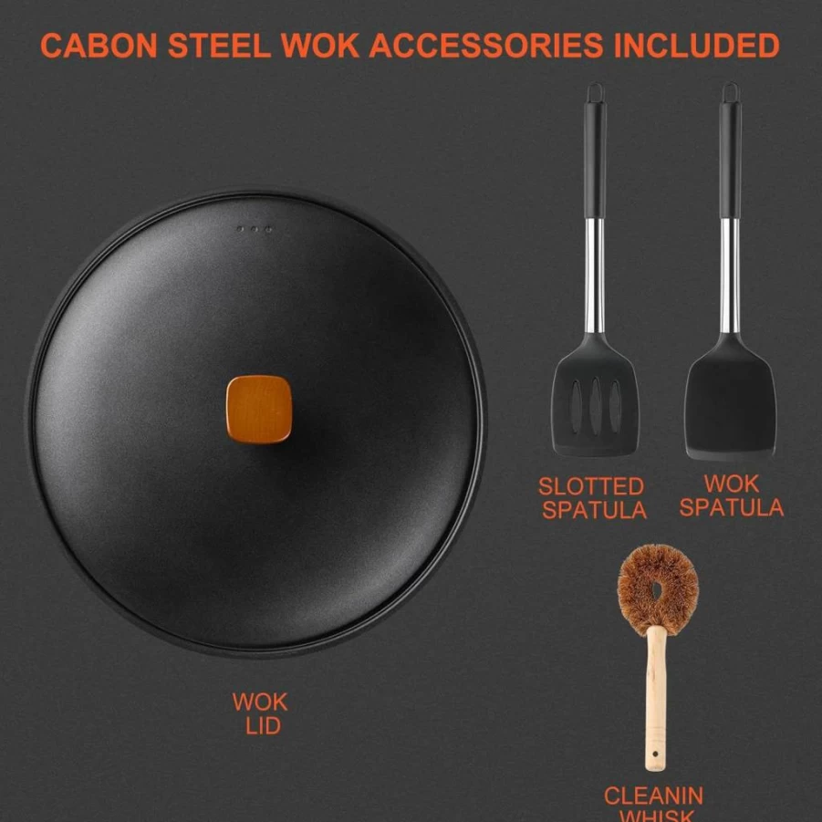 Bretor 13" Nonstick Carbon Steel Wok Pan with Lid - Flat Bottom Stir Fry Pan for Electric, Induction & Gas Stoves - Durable Chinese Cookware