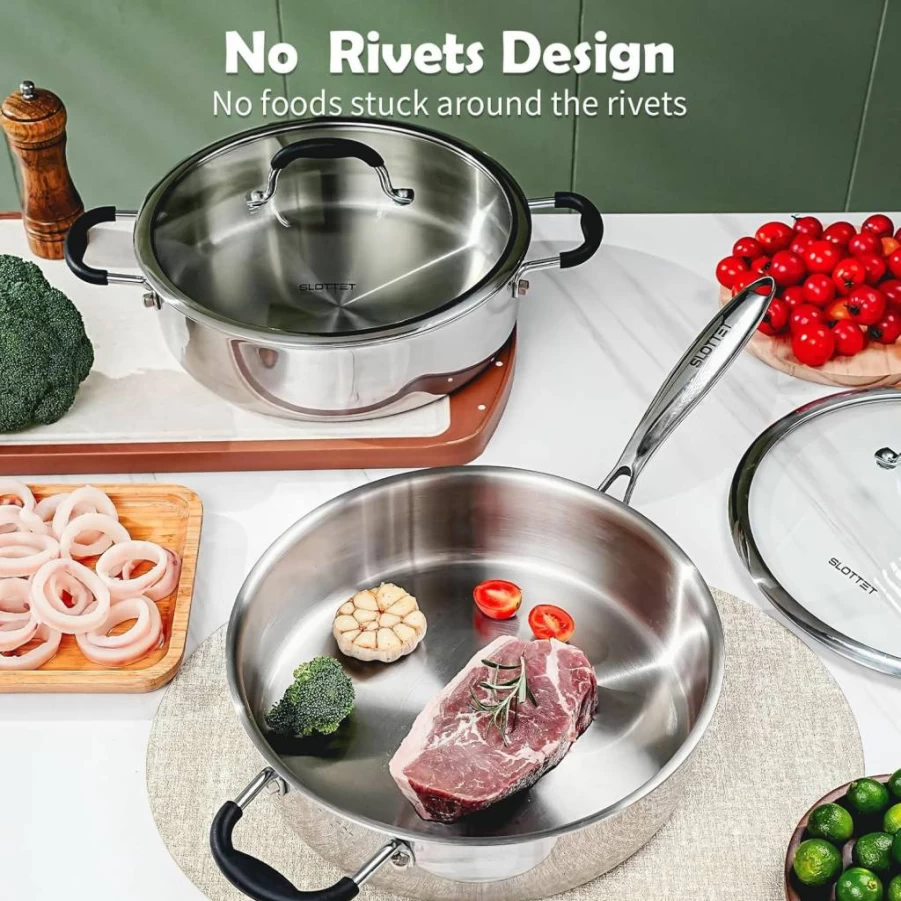 SLOTTET 11.5 Inch Tri-Ply Stainless Steel Saute Pan with Lid, 5 Quart Oven & Dishwasher Safe Deep Frying Pan, Induction Compatible Cookware with Stay-Cool Handle