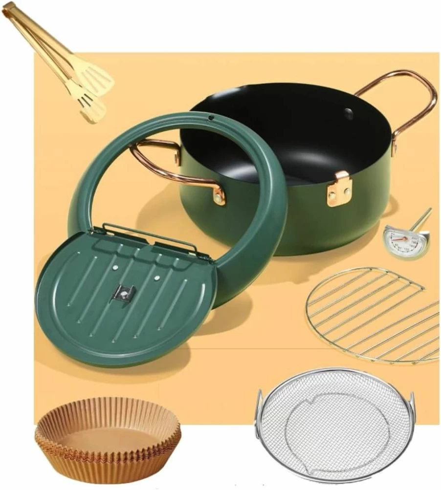 Moriintl 3.5L Stainless Steel Deep Fryer Pot with Splash Guard, Thermometer & 4 Disposable Sets - 9.8 Inch Green Japanese Tempura Frying Pot