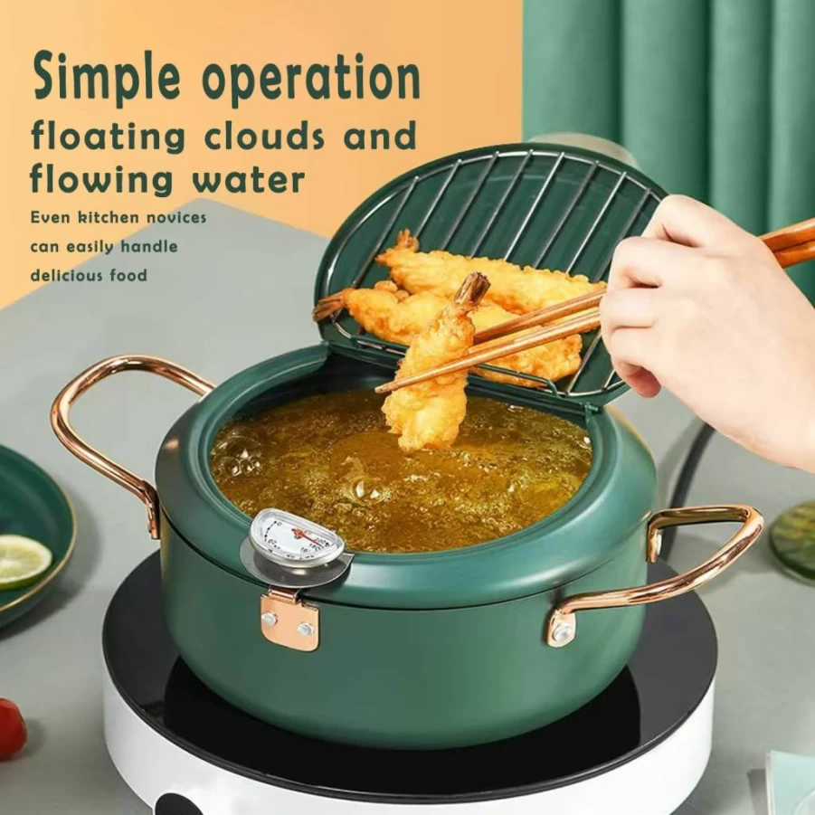 Moriintl 3.5L Stainless Steel Deep Fryer Pot with Splash Guard, Thermometer & 4 Disposable Sets - 9.8 Inch Green Japanese Tempura Frying Pot