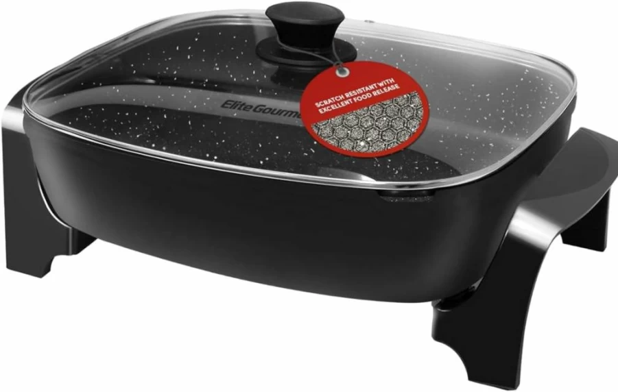 Elite Gourmet EG-6203 10.5Qt Non-Stick Electric Skillet with Glass Lid, Extra Deep 16" x 13" Dishwasher Safe, Scratch Resistant, Adjustable Temperature, Black