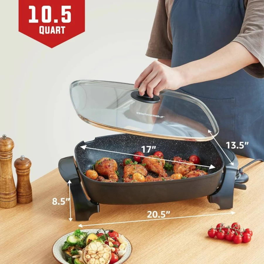 Elite Gourmet EG-6203 10.5Qt Non-Stick Electric Skillet with Glass Lid, Extra Deep 16" x 13" Dishwasher Safe, Scratch Resistant, Adjustable Temperature, Black